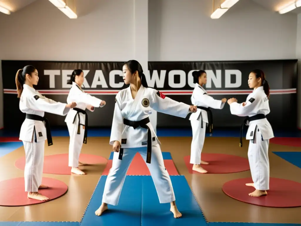 Grupo de mujeres en uniformes de Taekwondo blanco, ejecutando patadas y golpes con determinación en un gimnasio luminoso