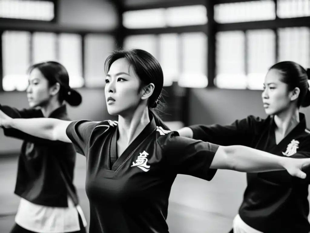 Grupo de mujeres practicando Wing Chun en un estudio tradicional de artes marciales, demostrando su destreza y la historia de mujeres en Wing Chun