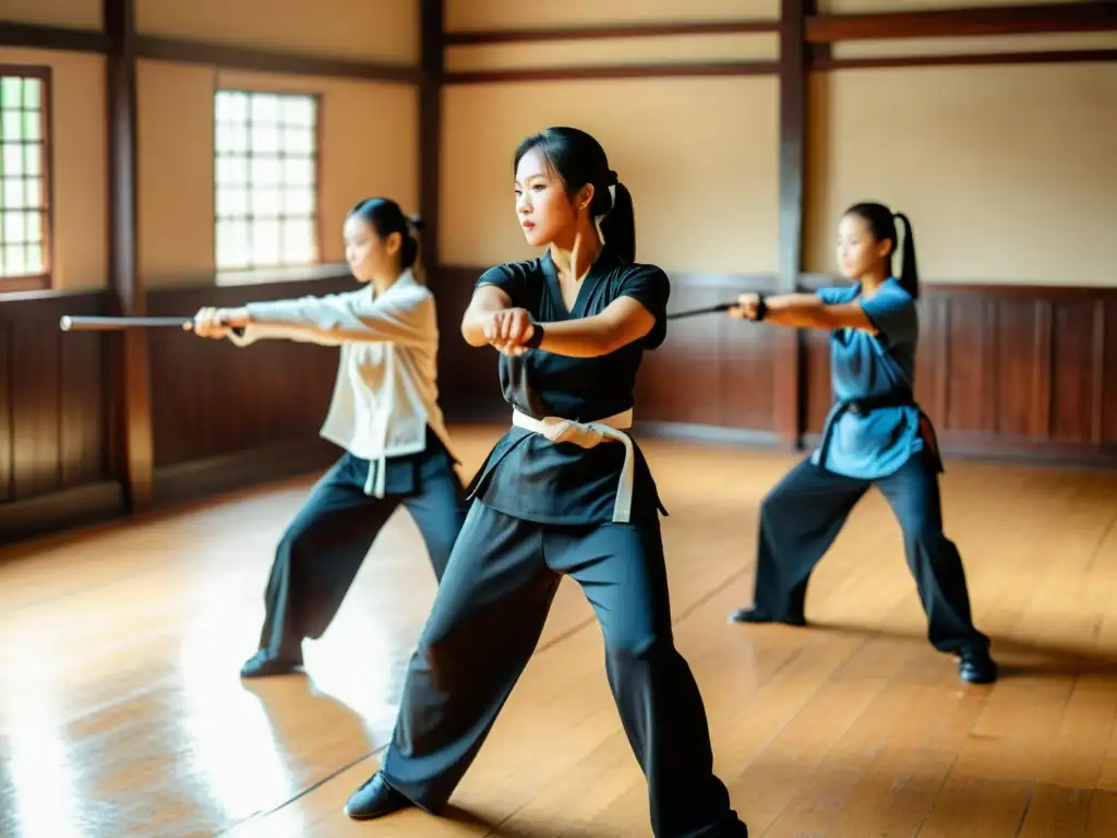 Grupo de mujeres practicando Wing Chun en un estudio de artes marciales, destacando la historia y la fuerza de las mujeres en este arte ancestral