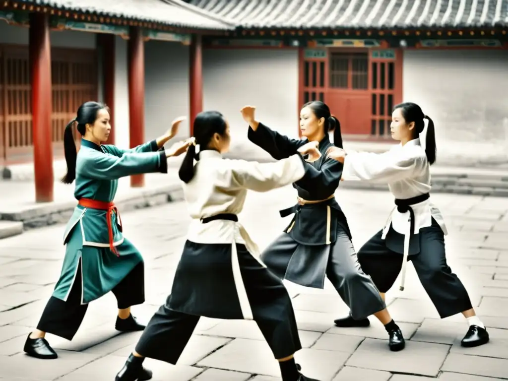 Empoderamiento femenino en el Wing Chun: historia y tradición Grupo de mujeres practicando Wing Chun en un patio tradicional chino, mostrando el desarrollo Wing Chun historia China con fuerza y determinación