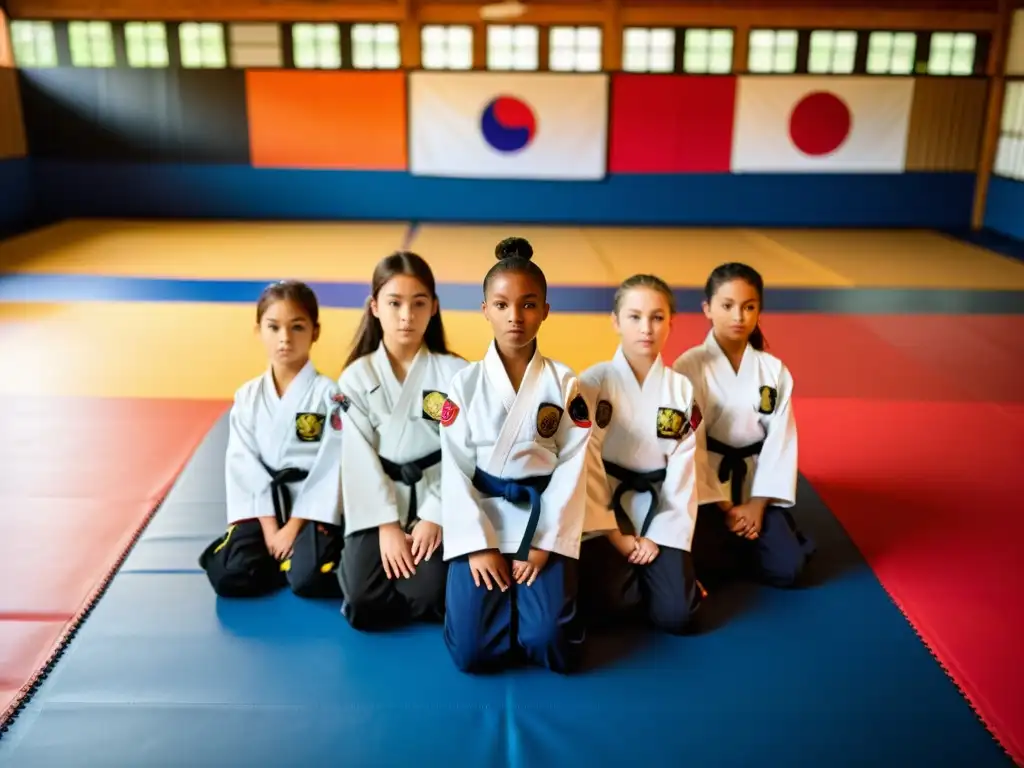 Grupo de niñas diversas desafiando estereotipos en artes marciales, practicando con determinación en un colorido dojo