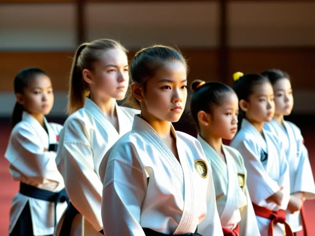 Grupo de niñas desafiando estereotipos en artes marciales, mostrando fuerza y determinación en el dojo soleado mientras su sensei observa con orgullo