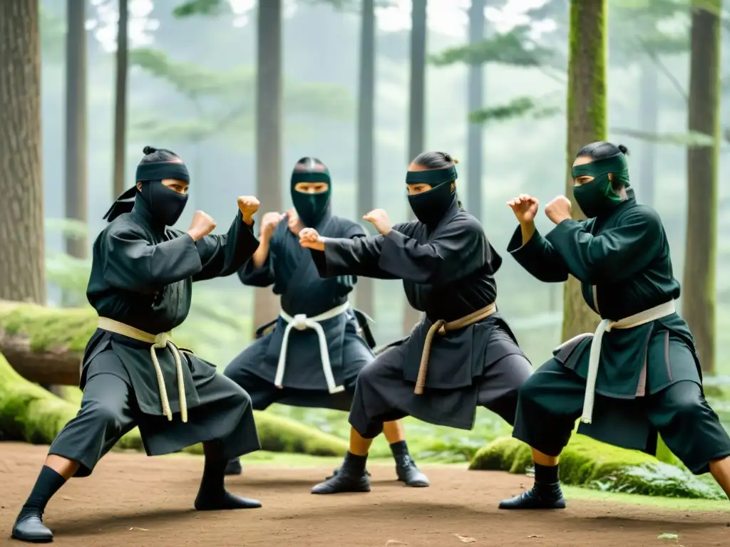 Un grupo de ninjas practican artes marciales en un bosque sereno