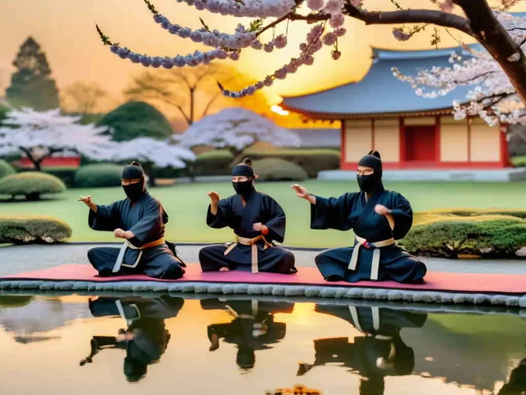 Un grupo de ninjas practica artes marciales en un jardín japonés con árboles de cerezo y un estanque sereno, reflejando los colores del atardecer