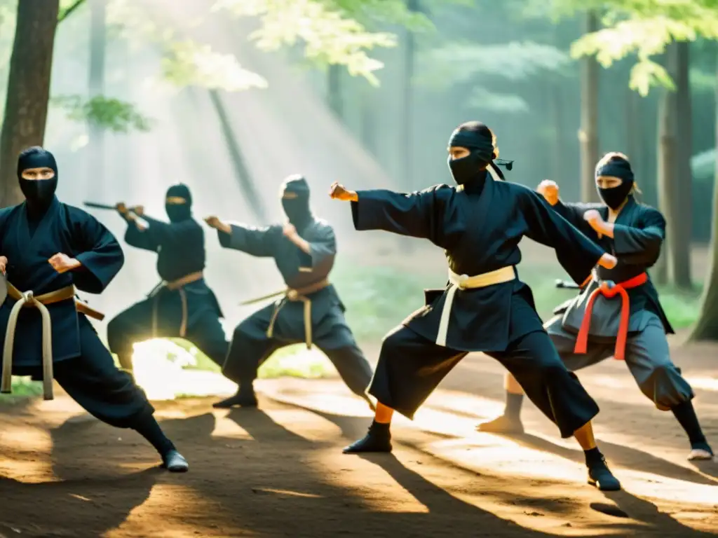 Un grupo de ninjas practica artes marciales en un claro del bosque, demostrando técnicas precisas y movimientos elegantes