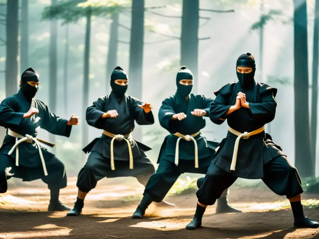 Grupo de ninjas en el bosque practicando artes marciales con intensa concentración y agilidad