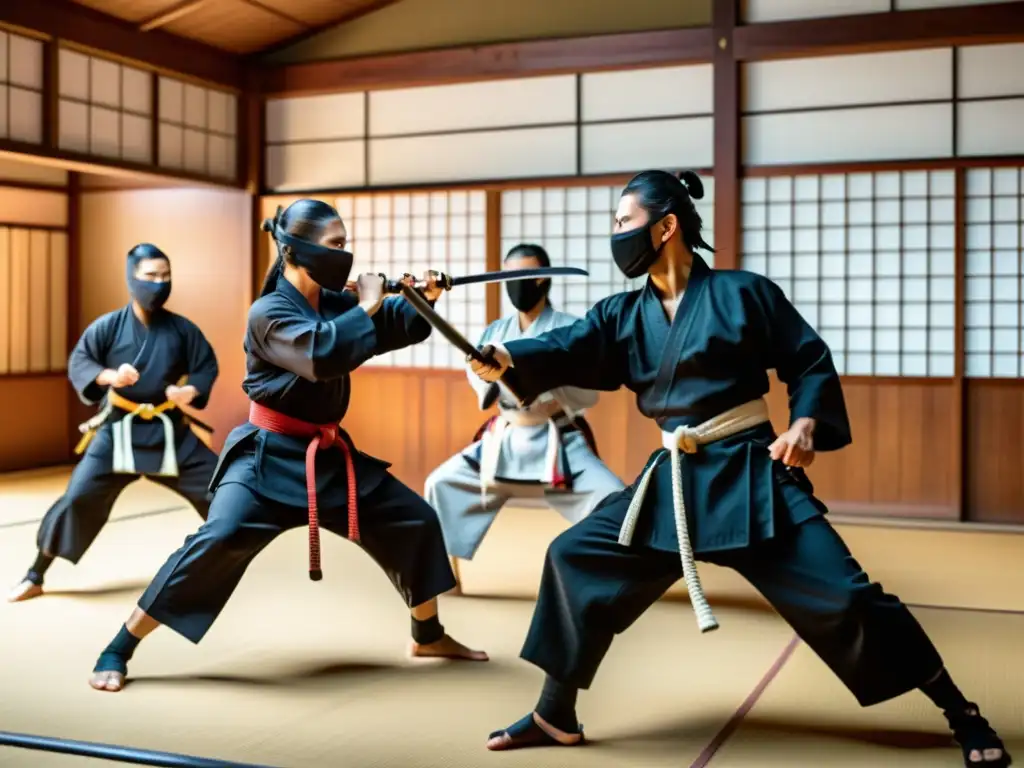 Grupo de ninjas en dinámico entrenamiento con armas y uniformes de artes marciales en un dojo japonés