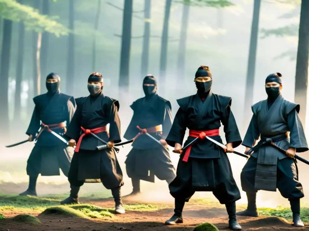 Grupo de ninjas de élite en entrenamiento de ninjutsu en la naturaleza al amanecer, mostrando disciplina y destreza