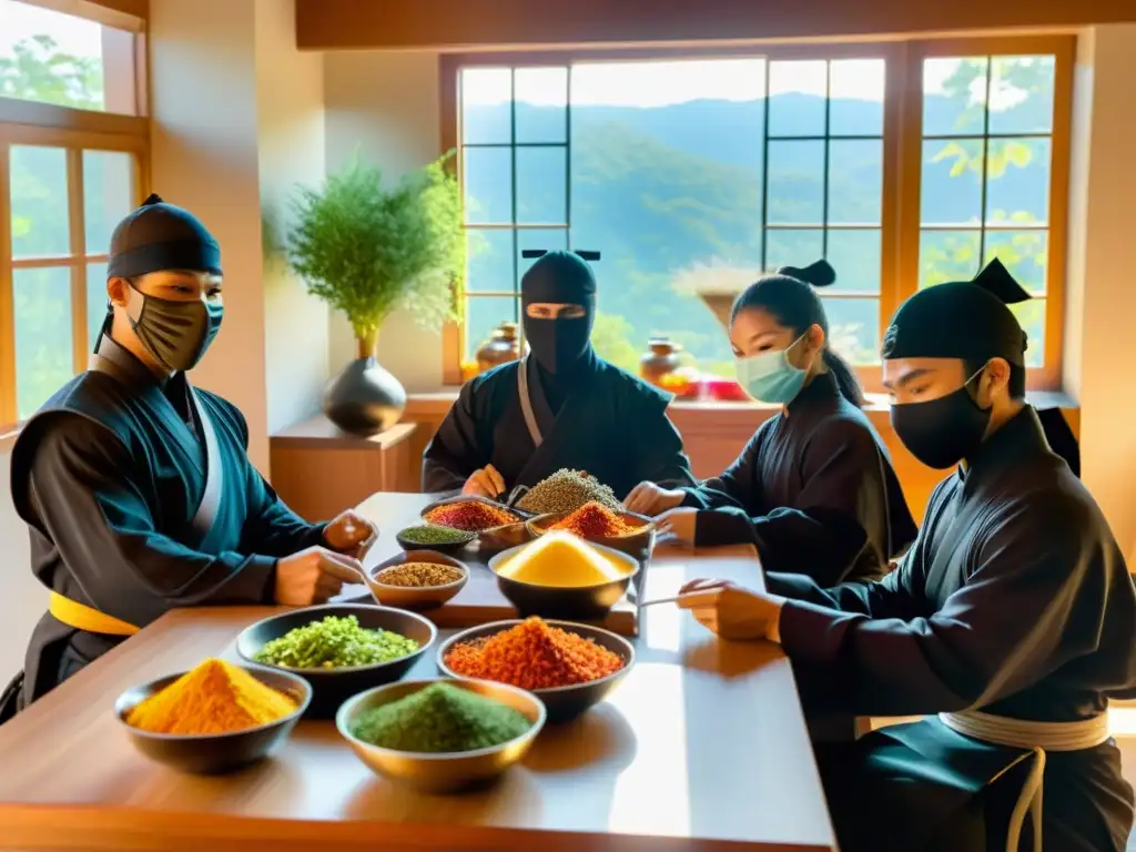 Un grupo de ninjas altamente entrenados se reúnen alrededor de una mesa llena de alimentos coloridos y ricos en nutrientes