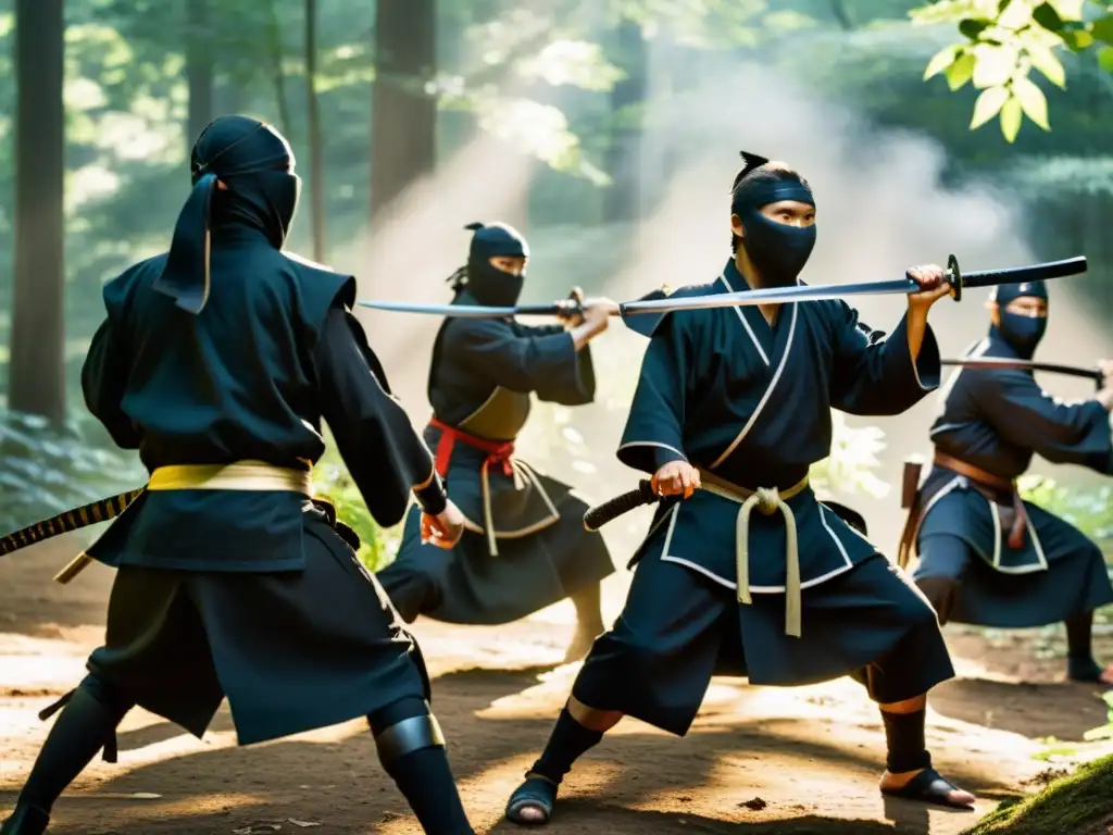 Grupo de ninjas en entrenamiento de élite en un claro del bosque, mostrando técnicas de combate