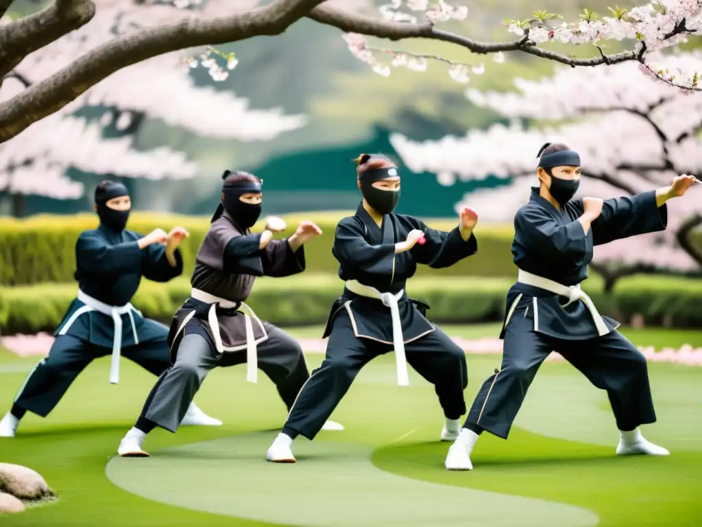 Grupo de ninjas entrenando con precisión y gracia en un jardín japonés con cerezos en flor