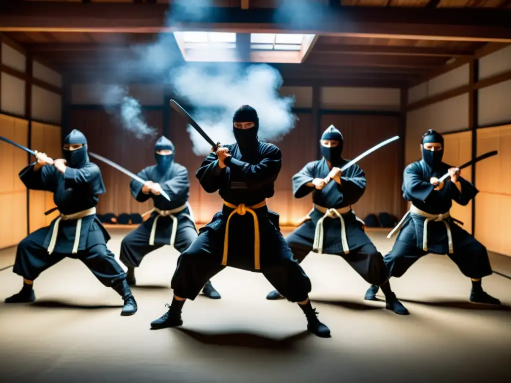 Demostración impresionante de Ninjutsu en un dojo Un grupo de ninjas realiza una impactante demostración de Ninjutsu en un dojo lleno de niebla
