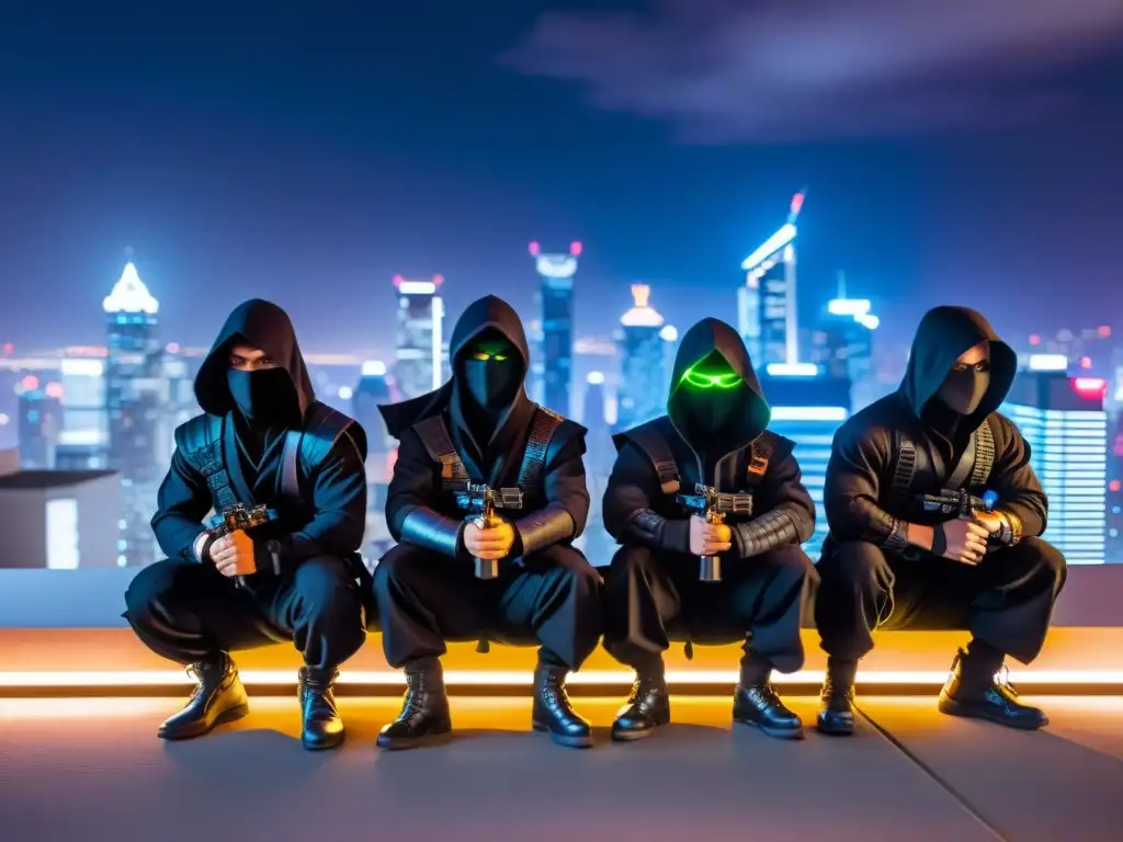 Un grupo de ninjas modernos en un rascacielos nocturno, listos para su misión sigilosa