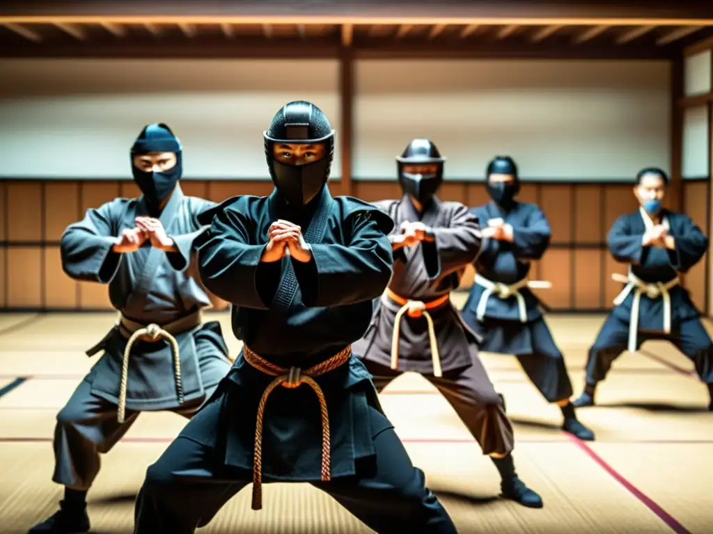 Grupo de ninjas practicando técnicas en dojo antiguo, destacando la disciplina del ninjutsu para Clínicas de Entrenamiento de Élite