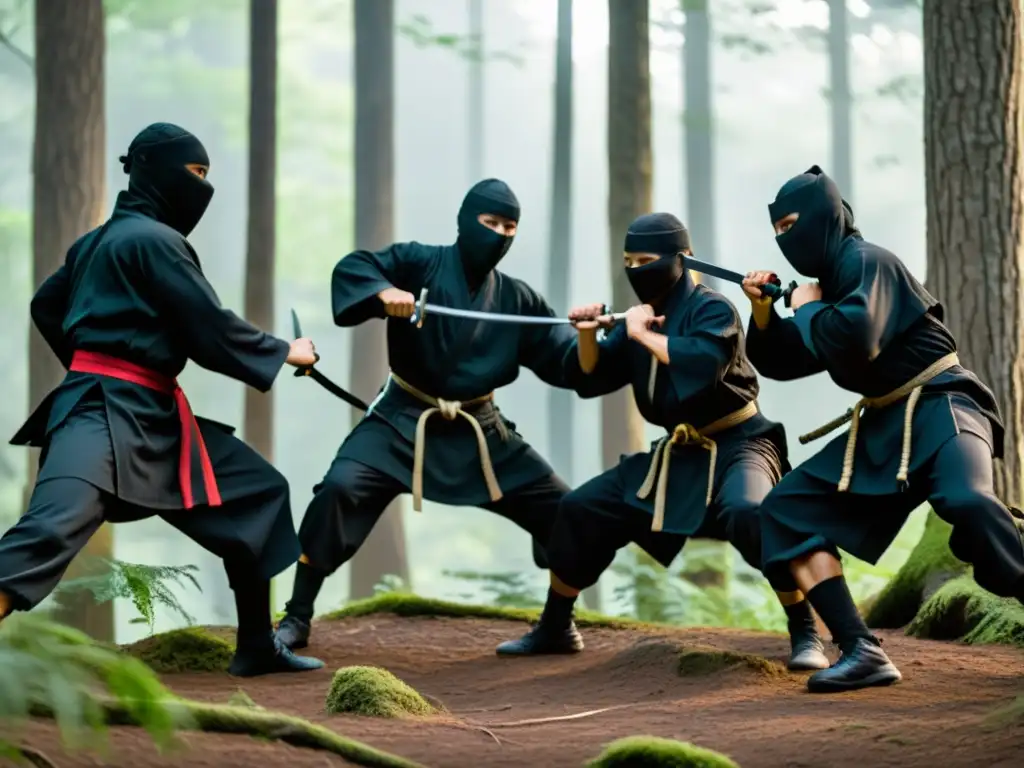 Un grupo de ninjas en tradicional vestimenta negra practicando técnicas de ninjutsu en un denso bosque al anochecer