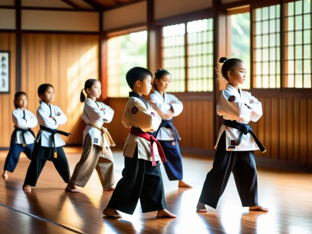 Grupo de niños y adolescentes practicando artes marciales con determinación en un dojo soleado, mostrando prevención lesiones niños artes marciales