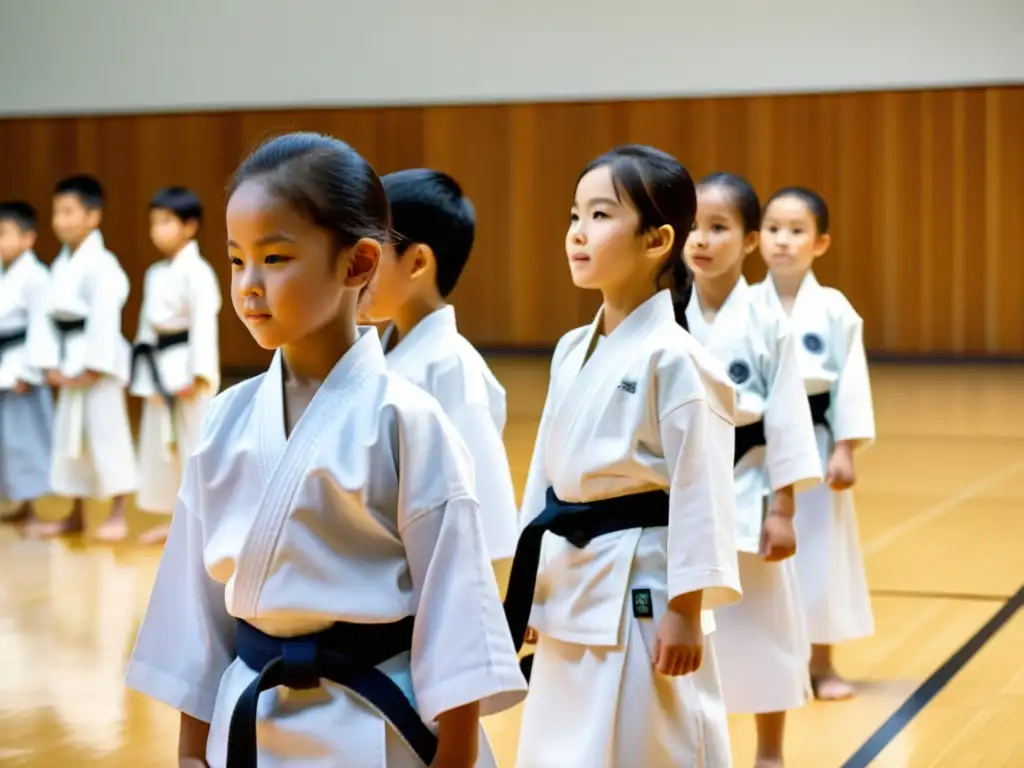 Grupo de niños practicando Aikido en un gimnasio escolar, mostrando disciplina y determinación