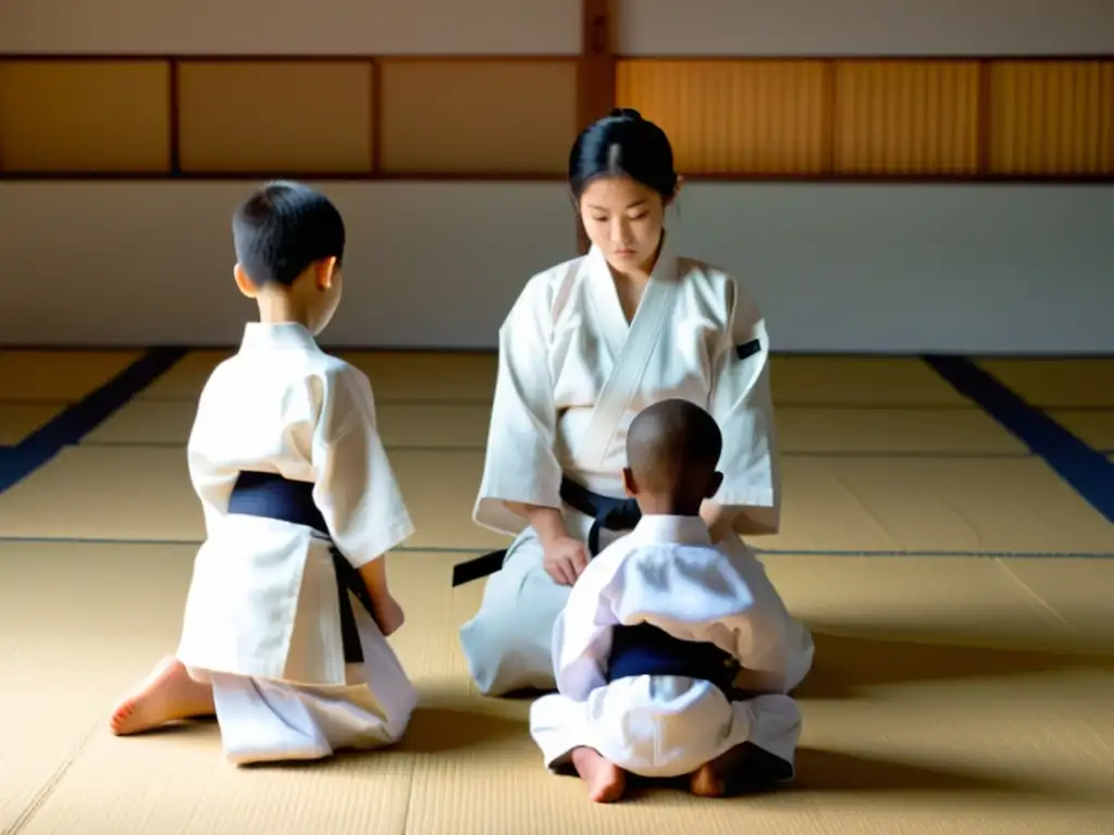 Un grupo de niños practica Aikido infantil en un dojo iluminado, mostrando armonía y disciplina en sus movimientos