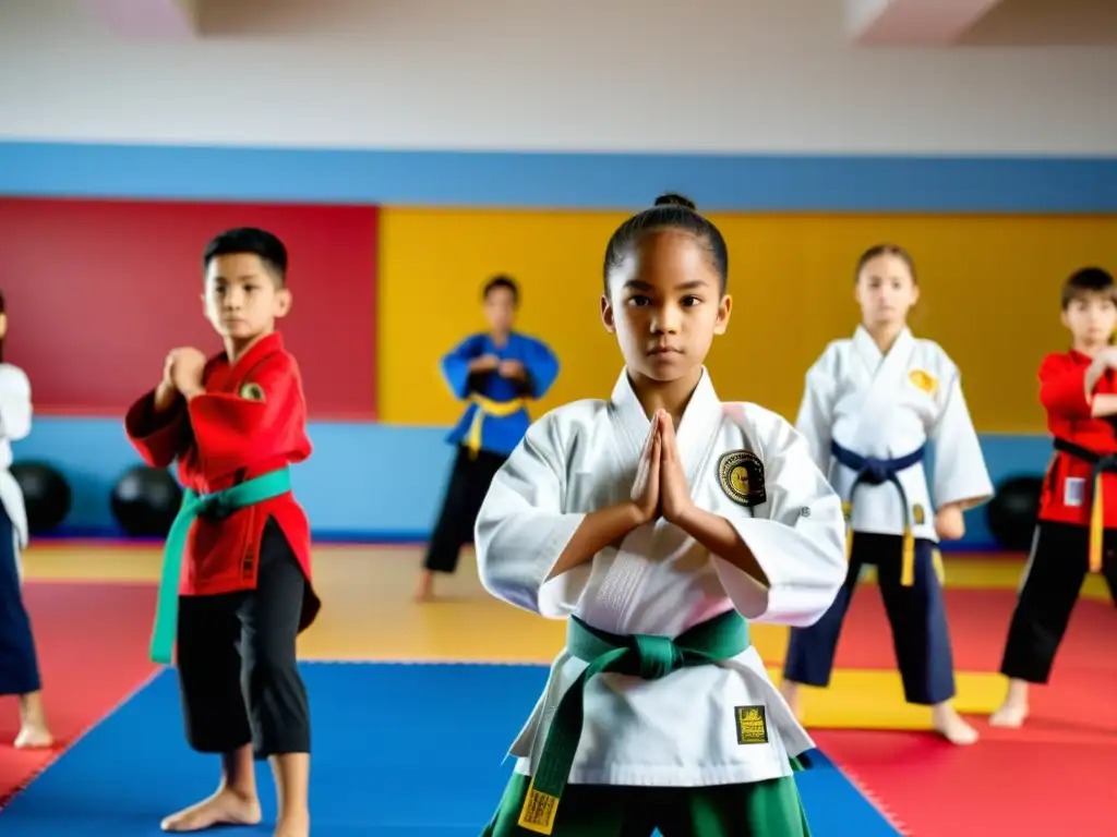 Un grupo de niños practicando artes marciales en un estudio iluminado