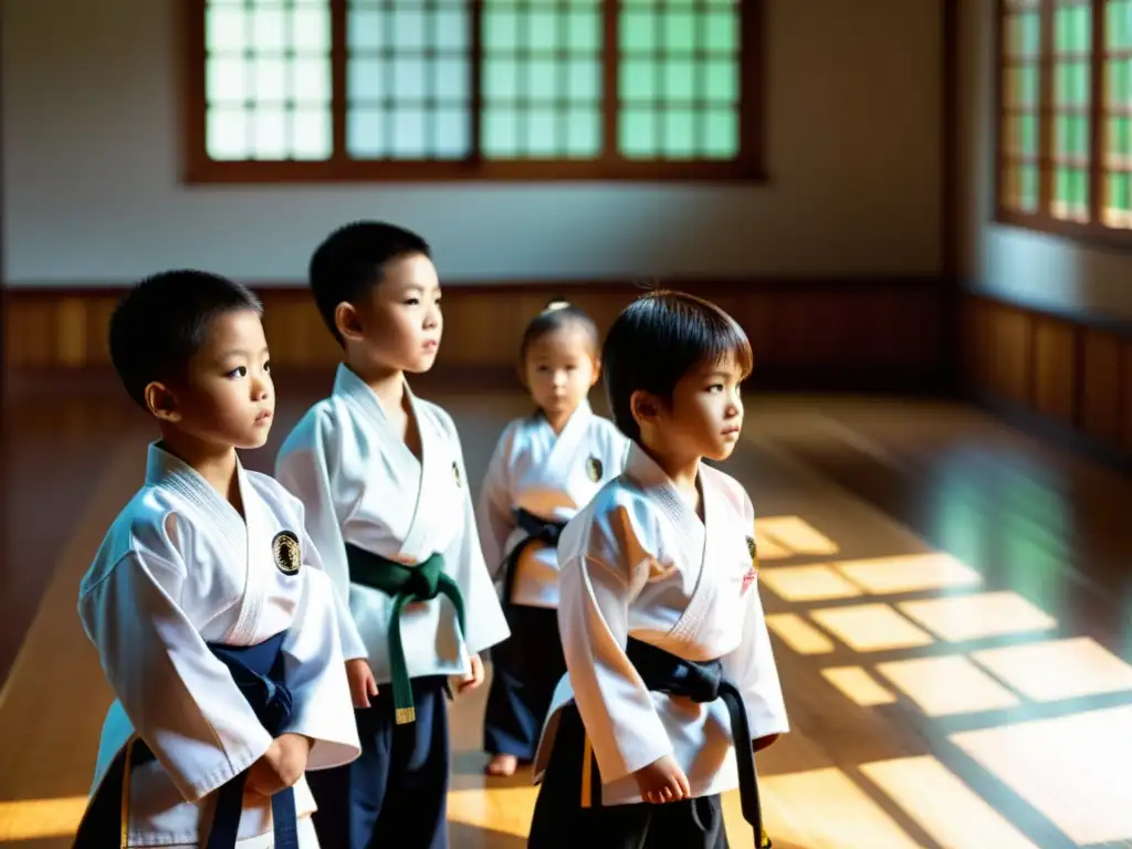 Grupo de niños practicando artes marciales en un dojo, con expresiones concentradas y vistiendo ropa de entrenamiento para niños