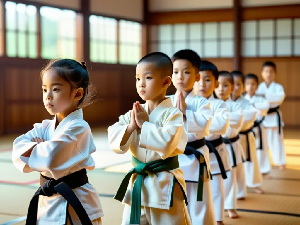 Grupo de niños practicando artes marciales en un dojo espacioso con ropa de entrenamiento para niños, demostrando disciplina y determinación