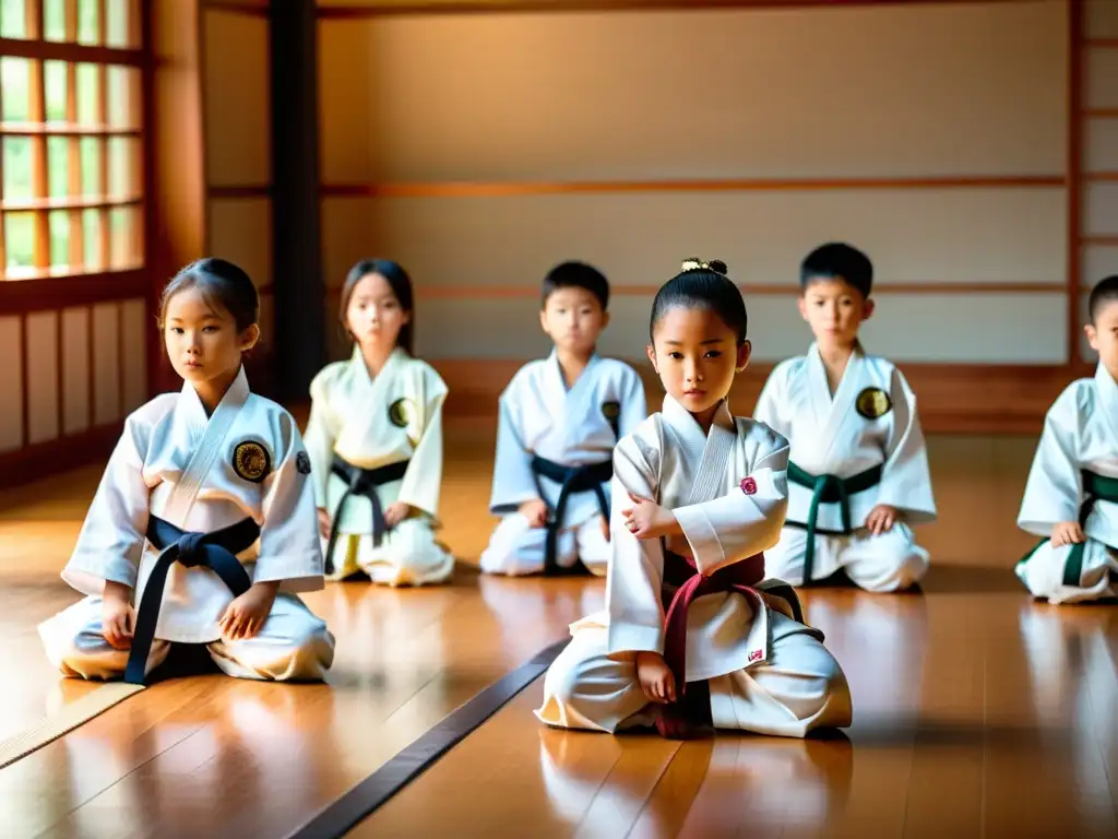 Grupo de niños practicando artes marciales con ropa de entrenamiento para niños en un dojo tradicional, demostrando disciplina y determinación