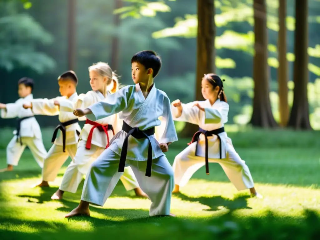 Grupo de niños practicando artes marciales en un claro de un frondoso bosque