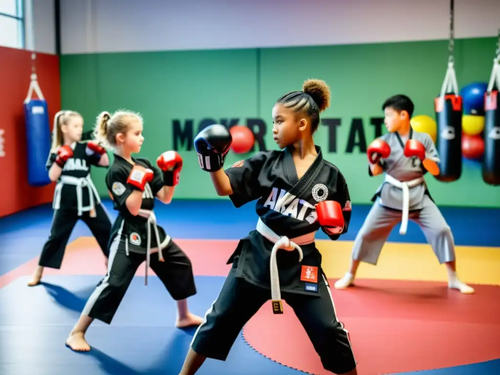 Grupo de niños practicando artes marciales en un estudio bien iluminado con instrucciones de su entrenador en línea