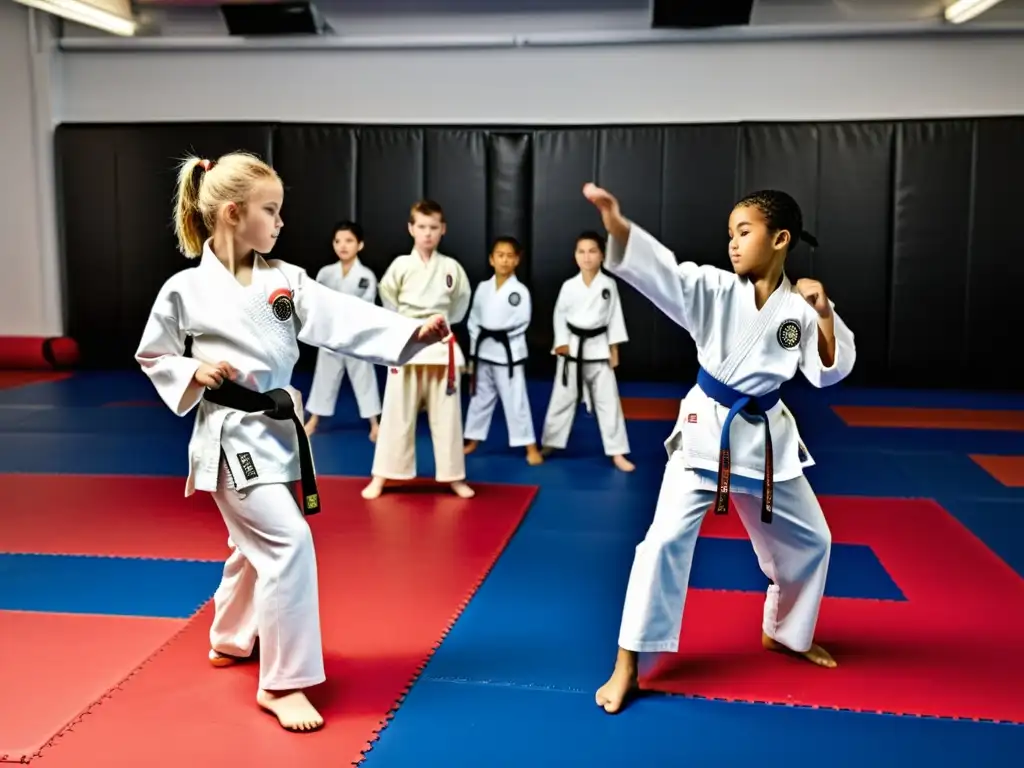 Grupo de niños practicando artes marciales, con enfoque en nutrición para niños en artes marciales