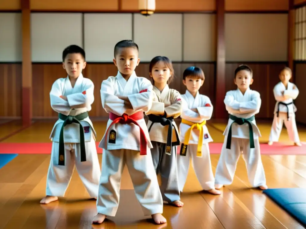 Grupo de niños practicando artes marciales con determinación en un dojo iluminado por luz natural