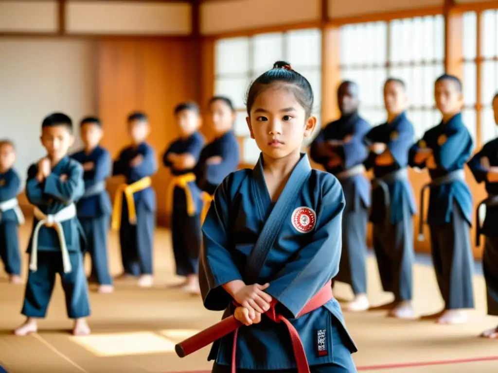 Grupo de niños practicando artes marciales en un dojo tranquilo y soleado, transmitiendo disciplina y enfoque