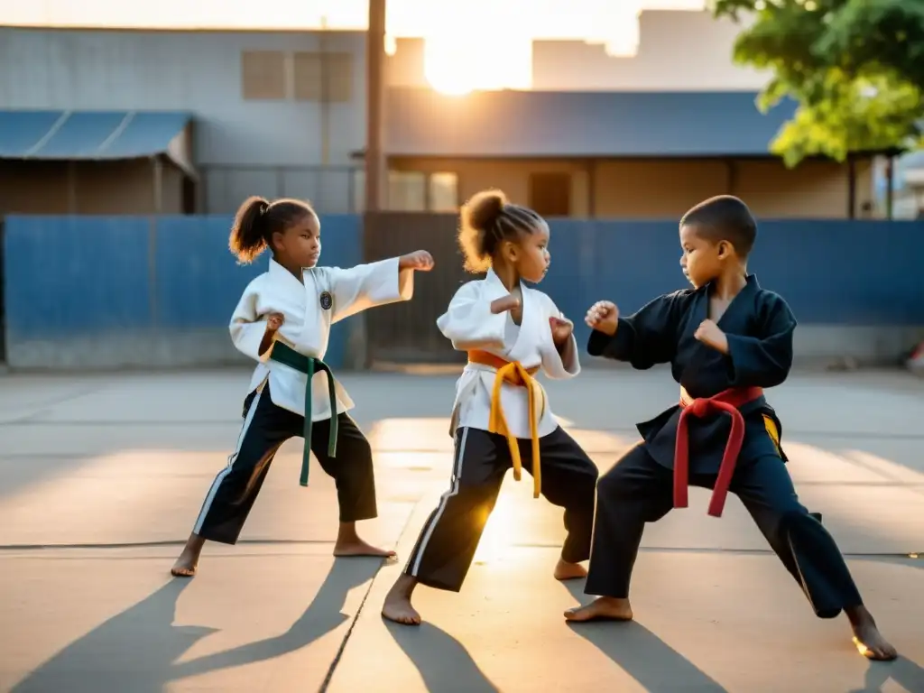 Grupo de niños practicando artes marciales al atardecer en un barrio marginado, mostrando el impacto social de esta disciplina