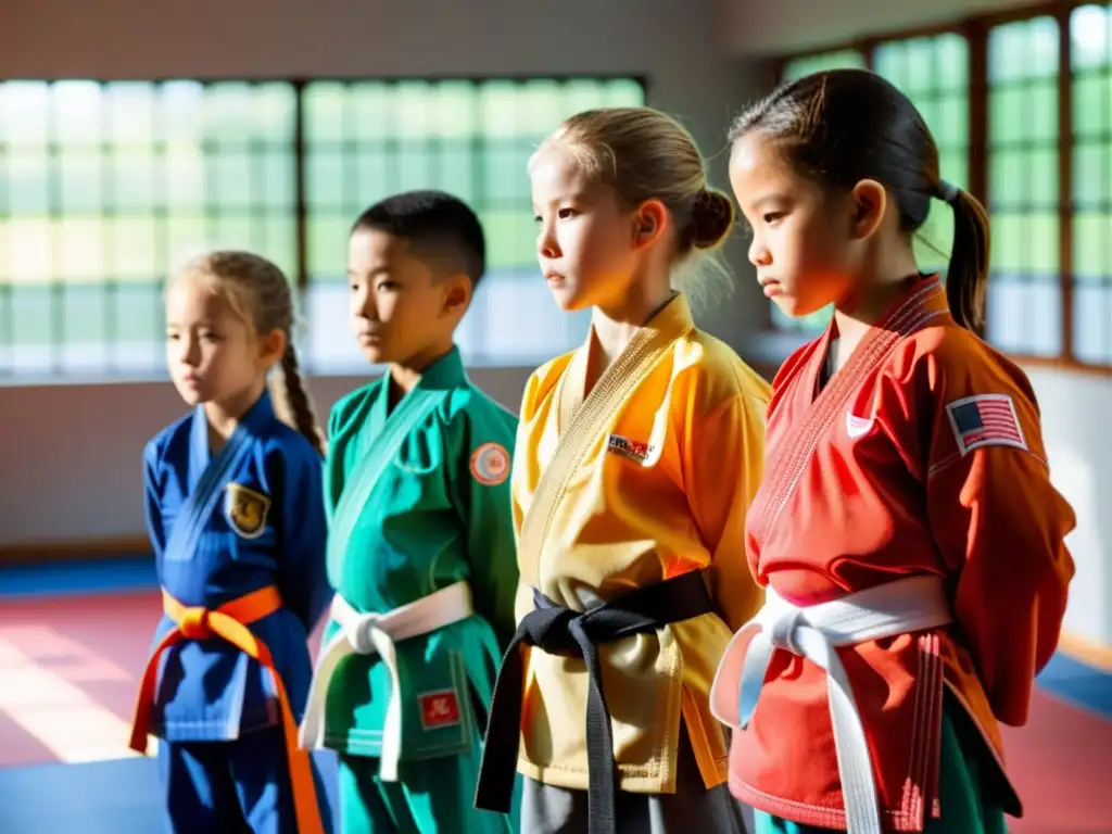 Grupo de niños practicando artes marciales con equipo de seguridad, bajo la guía de su instructor en un dojo iluminado por la luz del sol