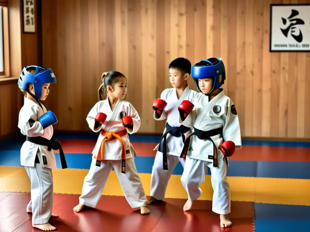 Grupo de niños practicando artes marciales con equipo de seguridad infantil en un dojo tradicional