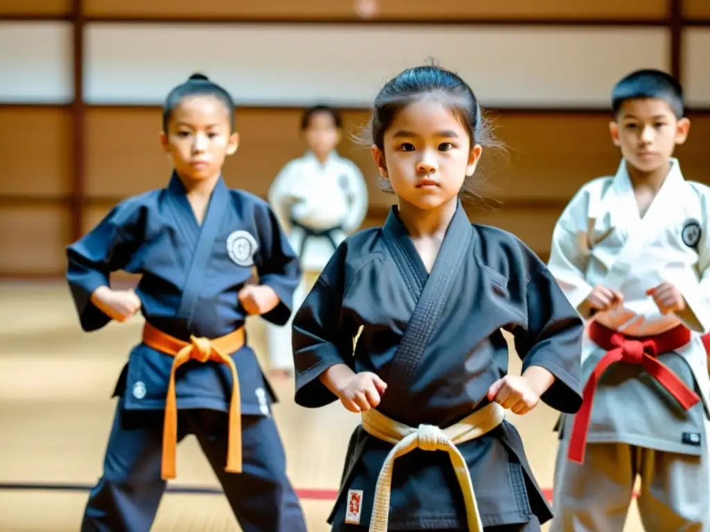 Grupo de niños practicando artes marciales en un dojo tradicional, con expresiones respetuosas y concentradas