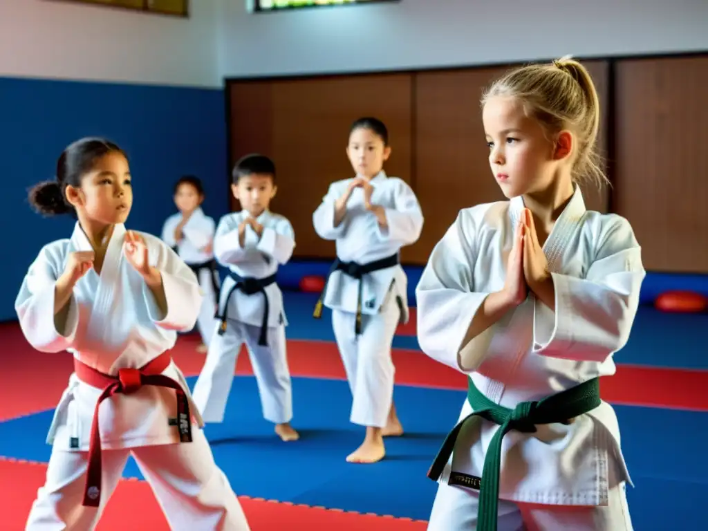 Grupo de niños practicando karate con determinación, mostrando beneficios pedagógicos del karate para niños en un dojo iluminado