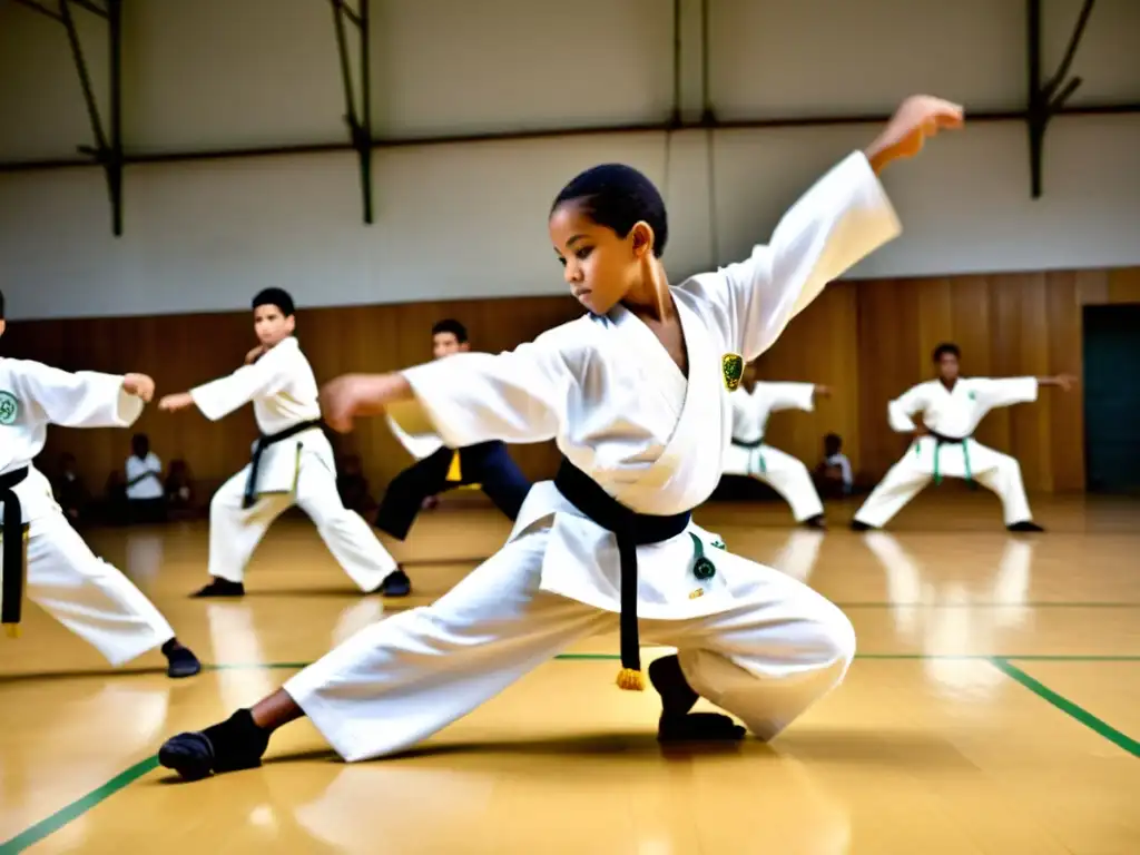 Grupo de niños practicando Capoeira en un animado roda en la escuela, destacando la importancia de integrar Capoeira en educación física