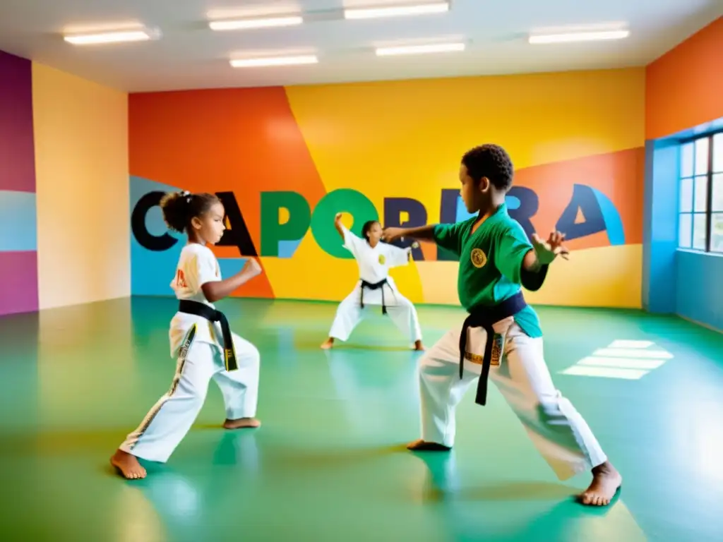 Grupo de niños practicando capoeira en un estudio vibrante con murales coloridos