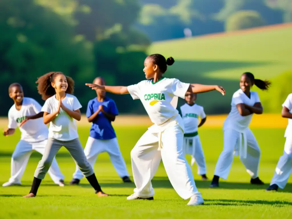 Grupo de niños en círculo practicando capoeira en campo verde