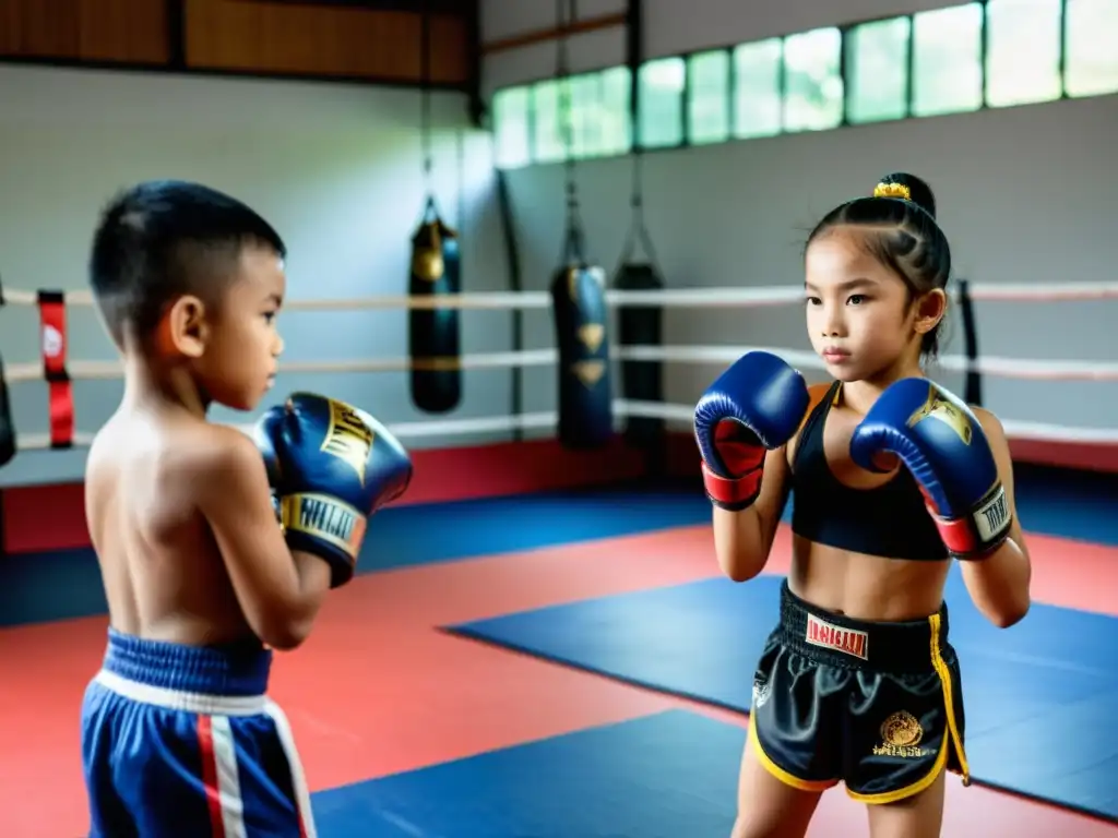 Grupo de niños practicando disciplina en Muay Thai, guiados por un instructor inspirador en un gimnasio tradicional bien iluminado