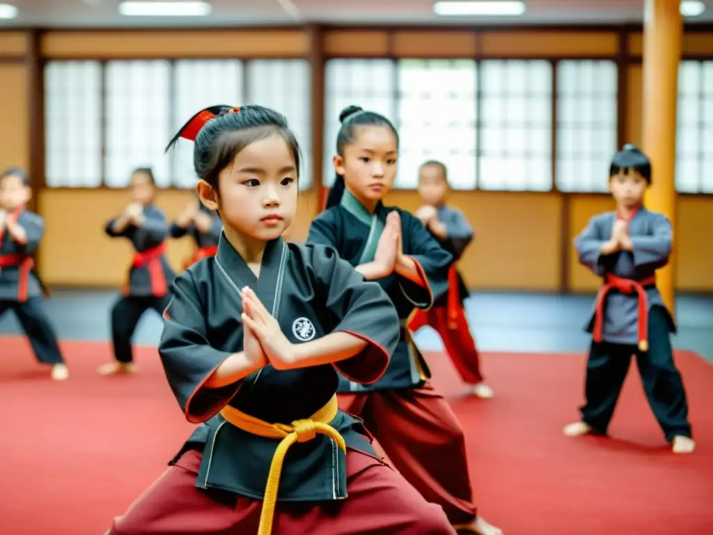 Grupo de niños practicando kung fu en un dojo con maestro