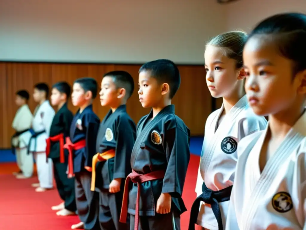 Grupo de niños en dojo con uniformes de artes marciales, aprendiendo con determinación y respeto