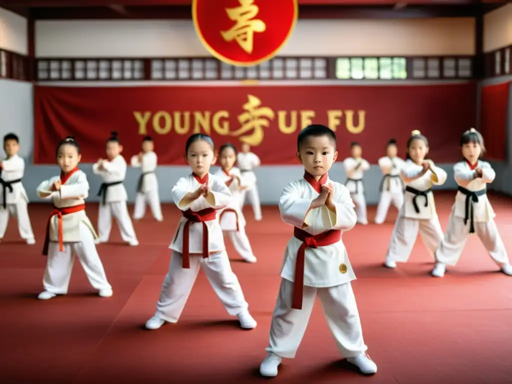 Un grupo de niños practicando kung fu en un estudio tradicional, destacando los beneficios del kung fu infantil