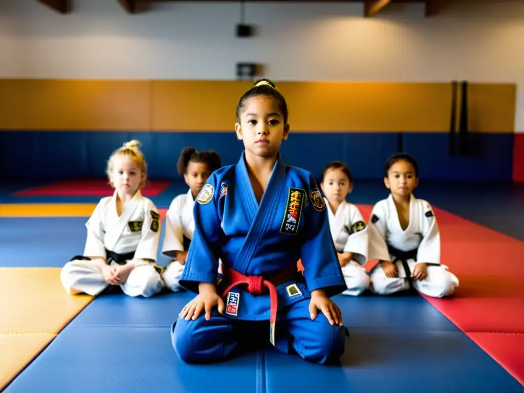 Grupo de niños practicando Jiu Jitsu Brasileño en un dojo inspirador, guiados por un instructor experimentado