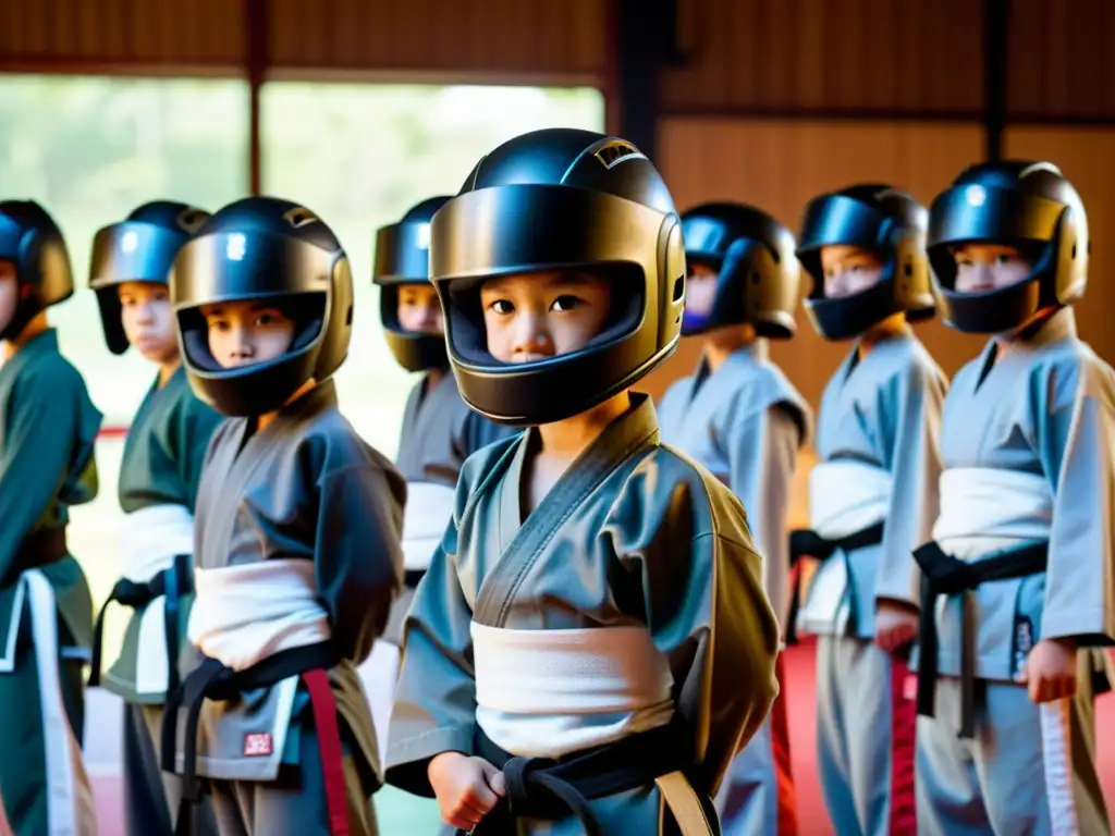 Grupo de niños y jóvenes artistas marciales con cascos y protectores oficiales, demostrando determinación en el dojo