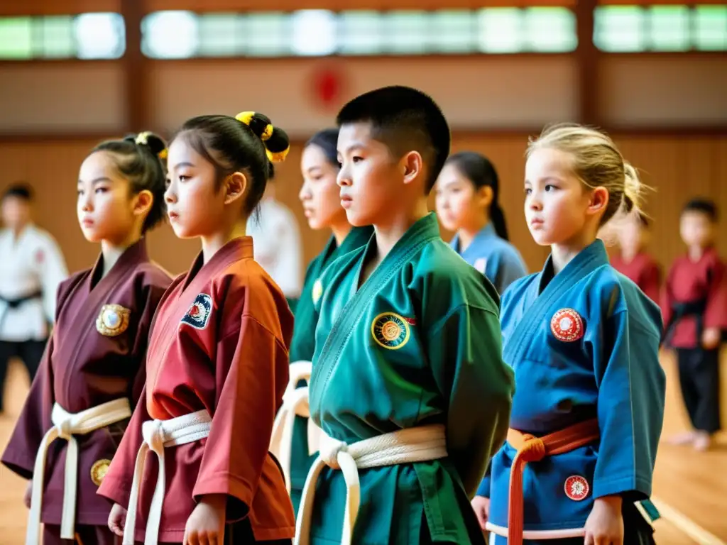 Grupo de niños y jóvenes en uniformes de artes marciales, concentrados en práctica en dojo