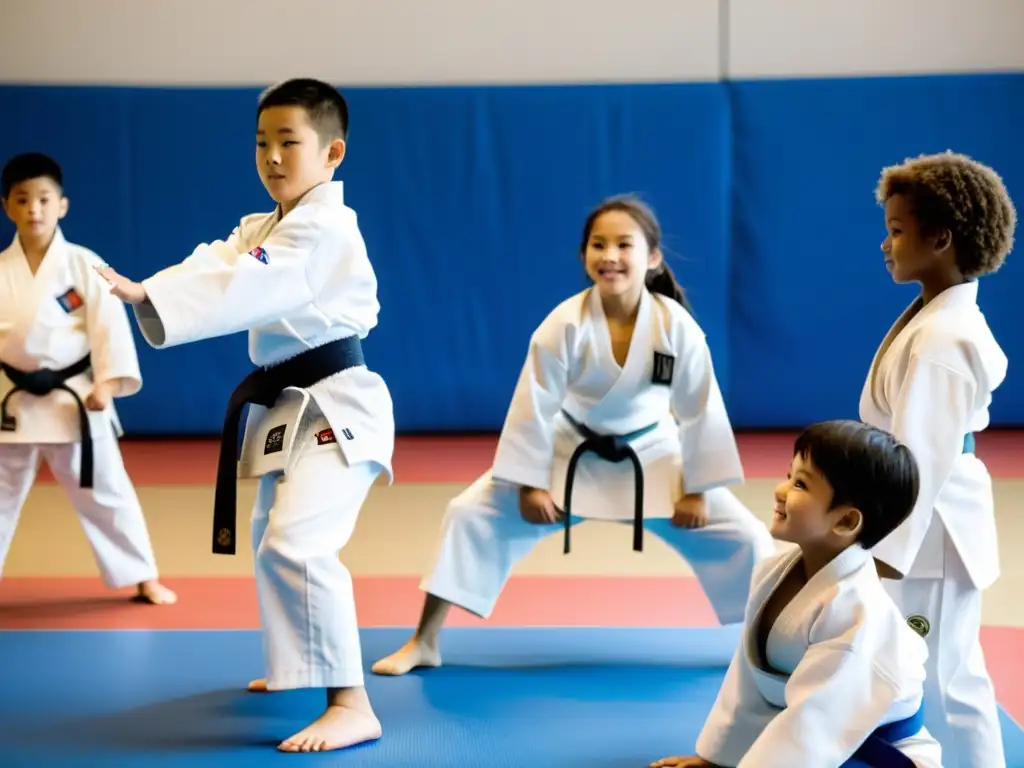 Grupo de niños practicando judo en un gimnasio espacioso y luminoso, bajo la atenta mirada de su instructor