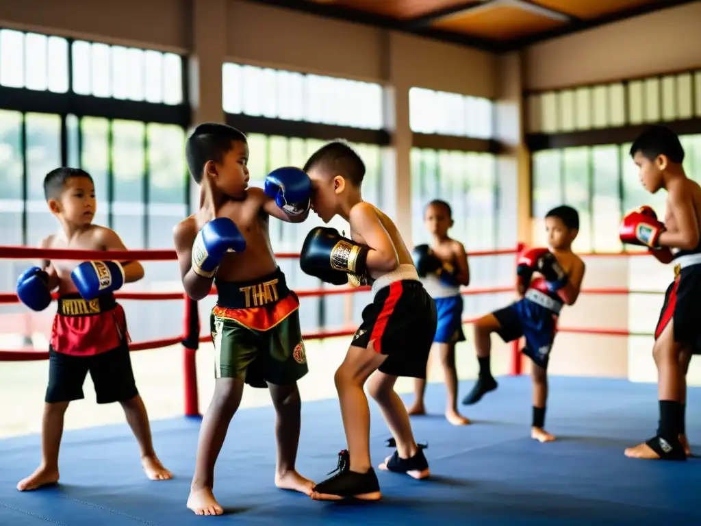 Grupo de niños practicando Muay Thai con disciplina y determinación, guiados por su instructor en un ambiente inspirador y vibrante