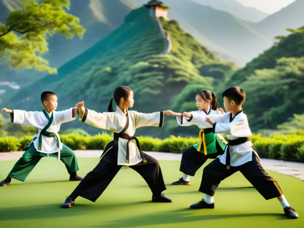 Grupo de niños practicando kung fu en la naturaleza, mostrando disciplina y agilidad