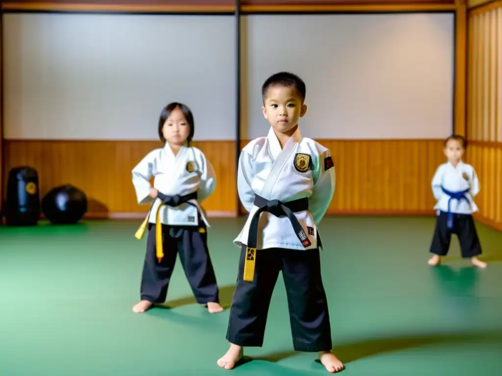 Grupo de niños en ropa oficial de artes marciales practican con determinación en un dojo inspirador con equipamiento tradicional